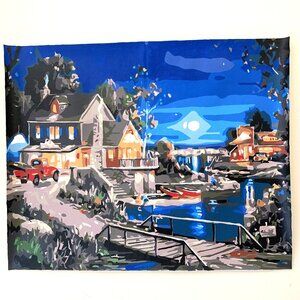 Lakeside Village at Night Paint-by-Number Artwork. Completed. Unframed 16X20 in